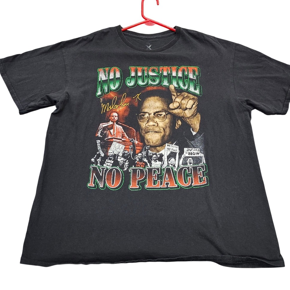 Malcolm X No Justice No Peace Graphic T-Shirt Mens XL Black Short Sleeve Tee